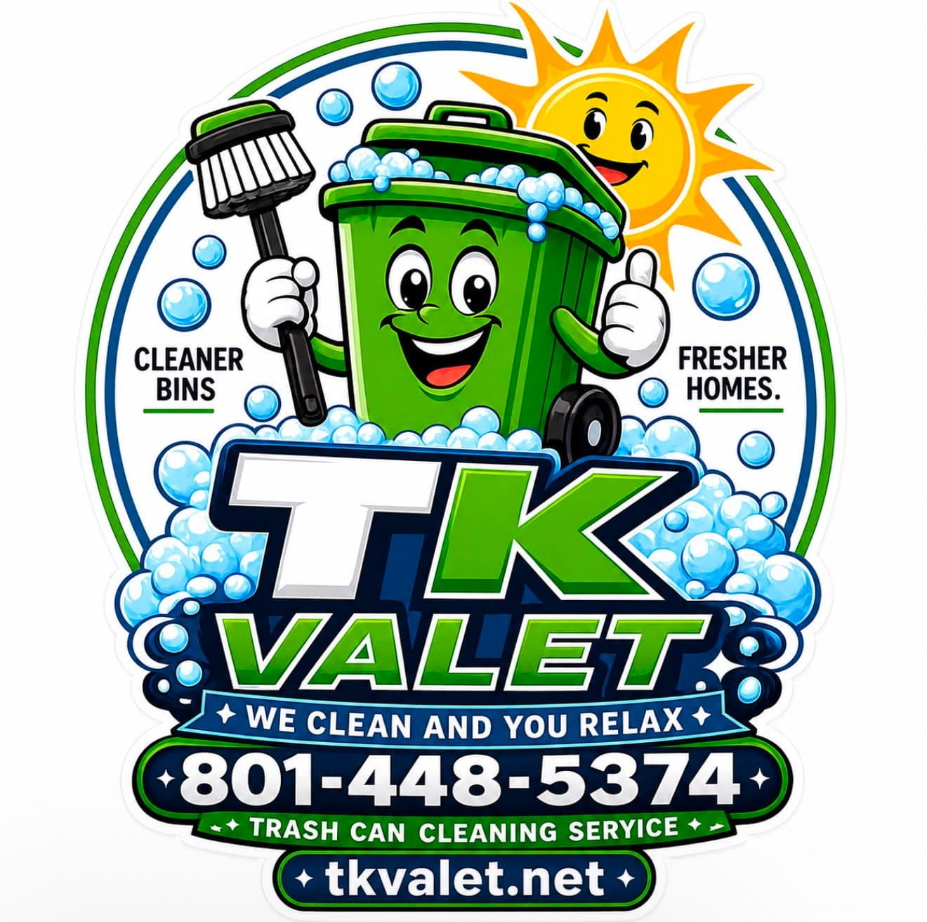 TK Valet mascot: a smiling trash can scrubbing bubbles clean. Cleaner bins, fresher homes.