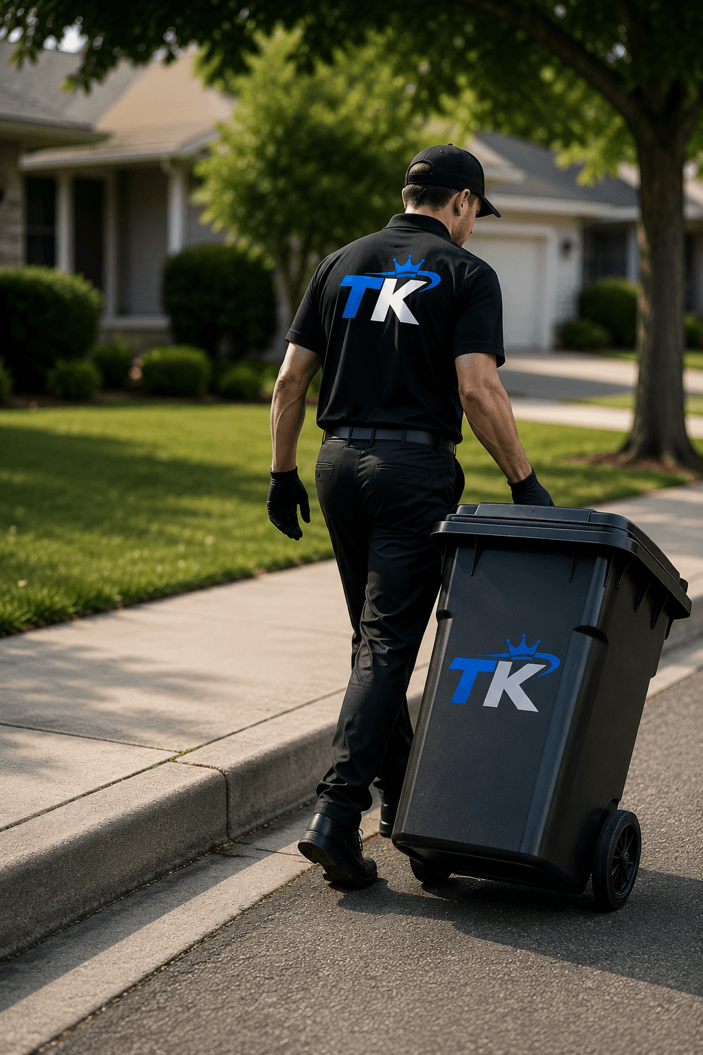 TK Valet technician providing trash valet service in Salt Lake City, Utah, rolling a branded trash bin to the curb